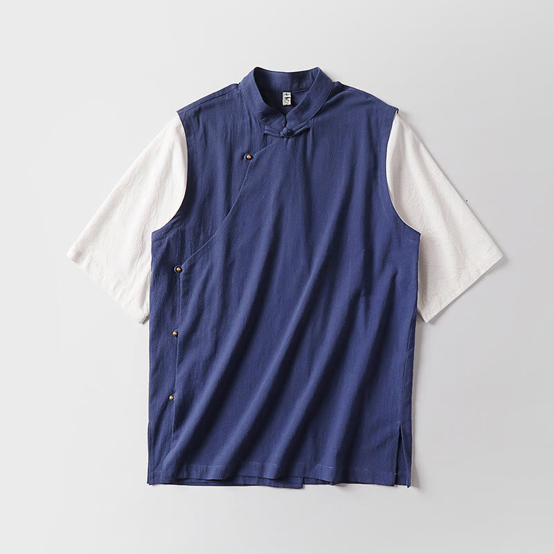 Nimara Ritual Summer 2 In 1 Stripes Stand Collar Short Sleeve Frog-Button Men's Cotton Shirt