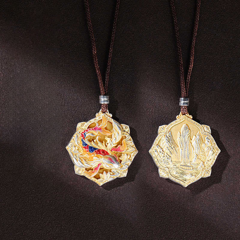 Nimara Ritual 999 Sterling Silver Colorful Koi Fish Carved Luck Necklace Pendant