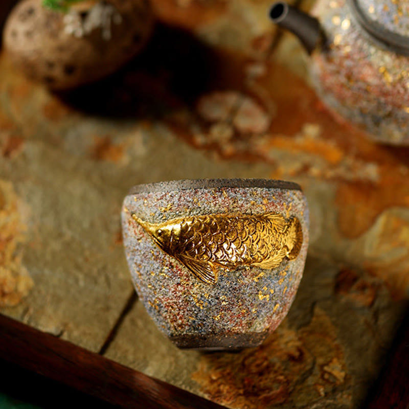 Nimara Ritual Golden Arowana Koi Fish Ceramic Teacup Kung Fu Tea Cup