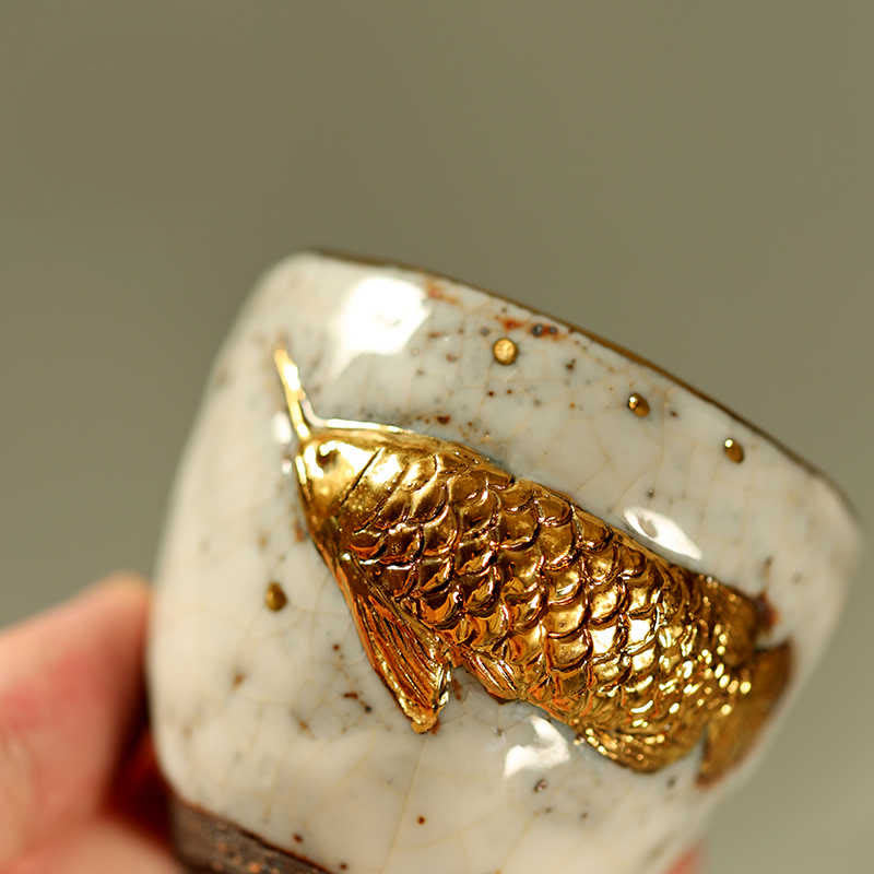 Nimara Ritual Handcrafted Golden Arowana Koi Fish Ceramic Teacup Kung Fu Tea Cup Teapot