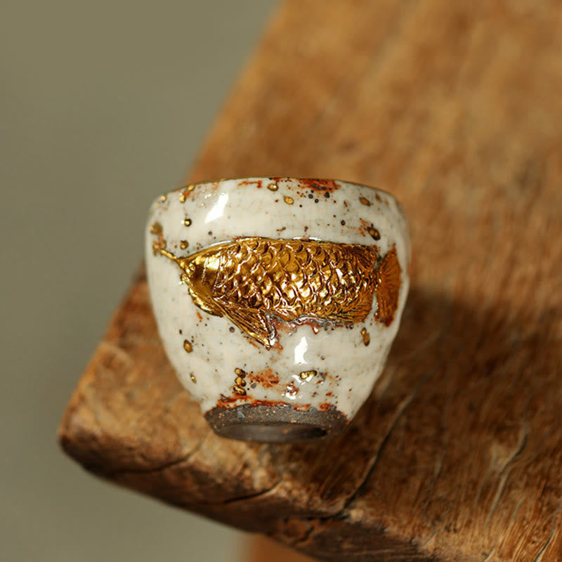 Nimara Ritual Handcrafted Golden Arowana Koi Fish Ceramic Teacup Kung Fu Tea Cup Teapot