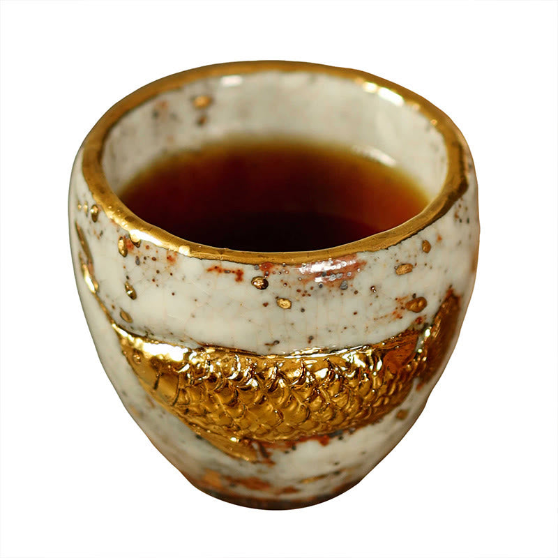 Nimara Ritual Handcrafted Golden Arowana Koi Fish Ceramic Teacup Kung Fu Tea Cup Teapot