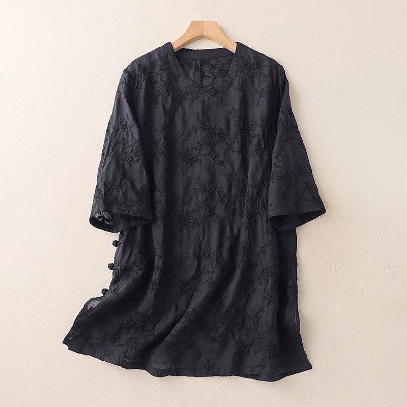 Nimara Ritual Spring V-Neck Long Sleeve Leaf Pattern Women's Cotton Shirt