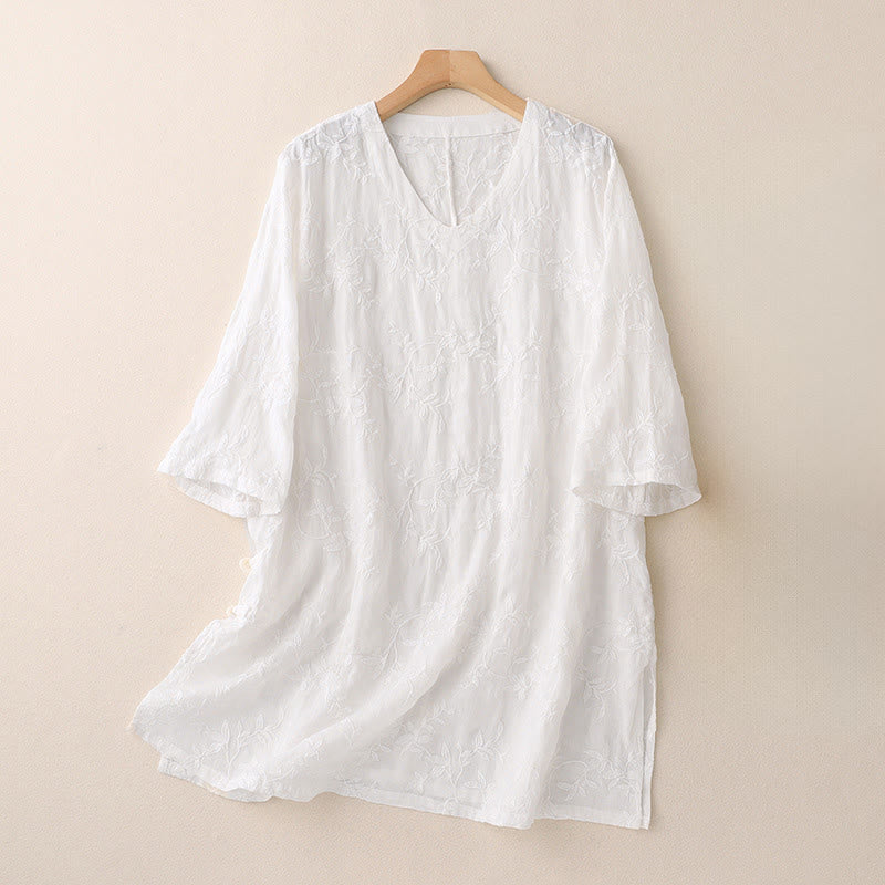 Nimara Ritual Spring V-Neck Long Sleeve Leaf Pattern Women's Cotton Shirt