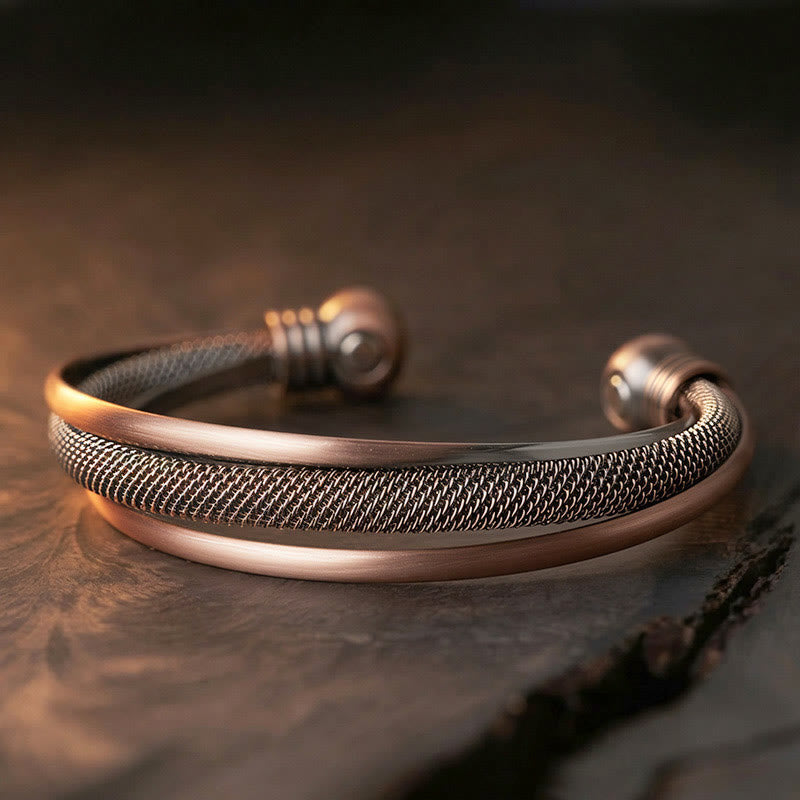 Balance and Luck Retro Textured Flower Pattern Twisted Copper Open Cuff Bracelet Bangle