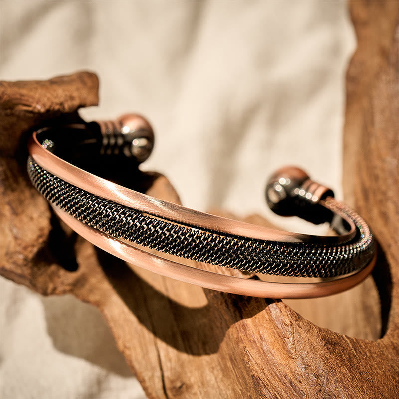 Balance and Luck Retro Textured Flower Pattern Twisted Copper Open Cuff Bracelet Bangle