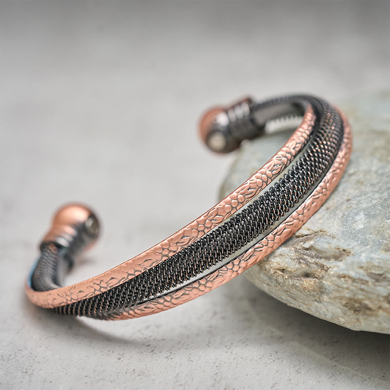 Balance and Luck Retro Textured Flower Pattern Twisted Copper Open Cuff Bracelet Bangle