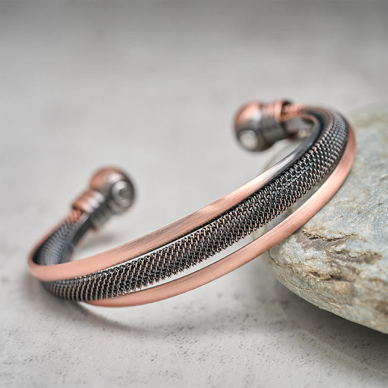 Balance and Luck Retro Textured Flower Pattern Twisted Copper Open Cuff Bracelet Bangle