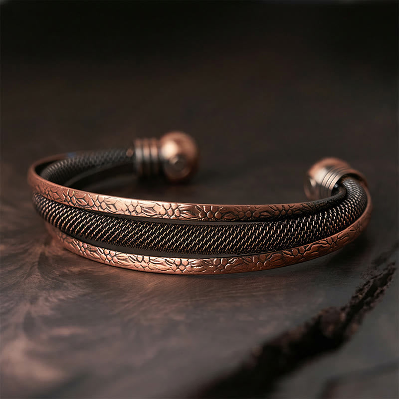 Balance and Luck Retro Textured Flower Pattern Twisted Copper Open Cuff Bracelet Bangle