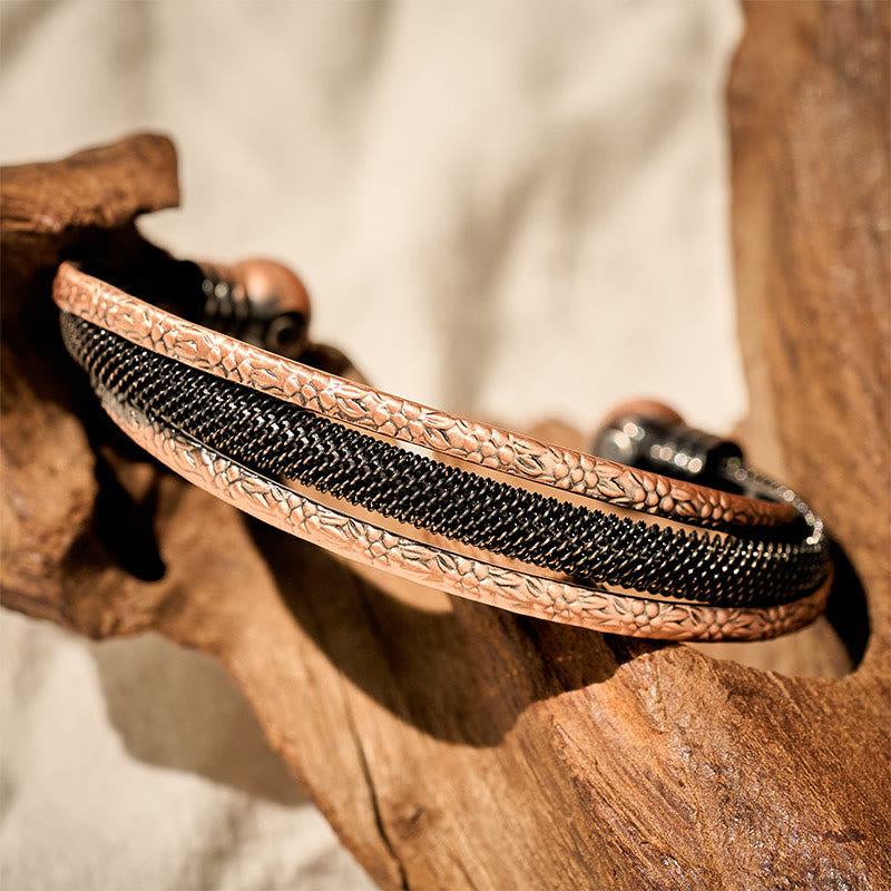 Balance and Luck Retro Textured Flower Pattern Twisted Copper Open Cuff Bracelet Bangle