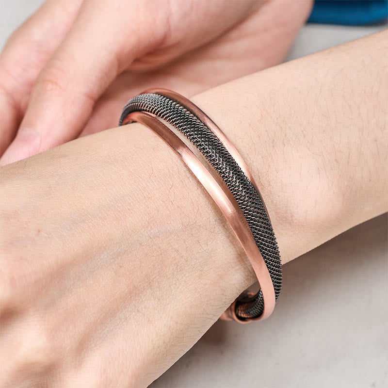 Balance and Luck Retro Textured Flower Pattern Twisted Copper Open Cuff Bracelet Bangle
