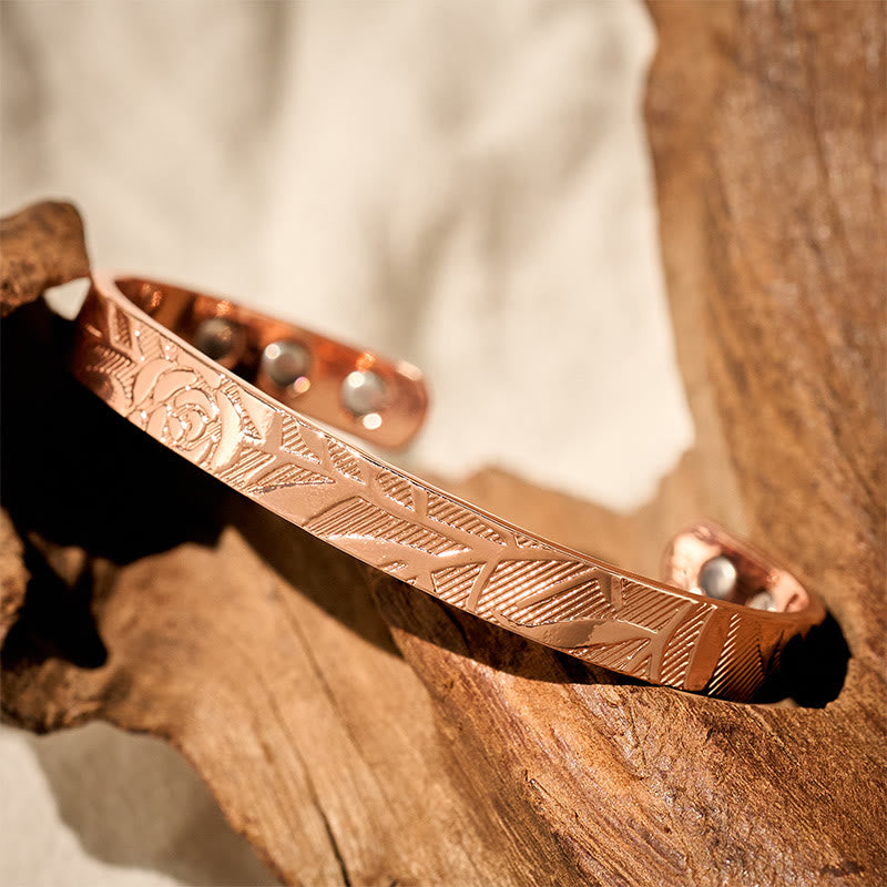 Nimara Ritual Rose Flower Pattern Copper Balance Luck Open Cuff Bracelet Bangle