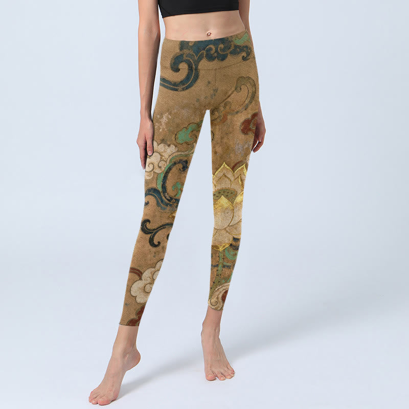Nimara Ritual Traditional Lotus Flower Cloud Pattern Print Gym Leggings Women's Yoga Pants