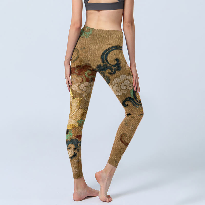Nimara Ritual Traditional Lotus Flower Cloud Pattern Print Gym Leggings Women's Yoga Pants