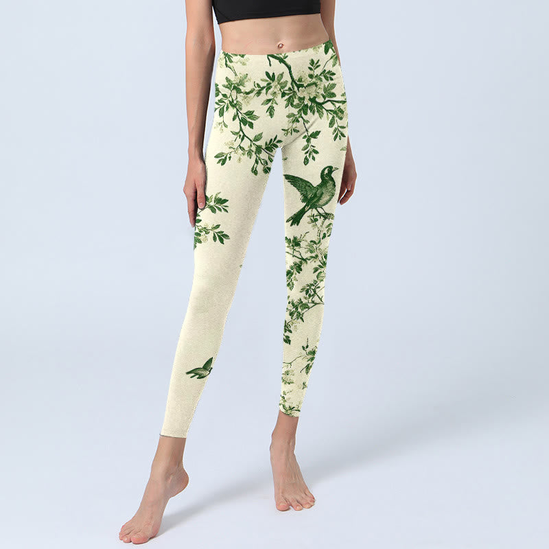 Nimara Ritual Fresh Tree Flower Leaf Bird Pattern Print Gym Leggings Women's Yoga Pants