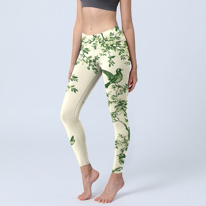 Nimara Ritual Fresh Tree Flower Leaf Bird Pattern Print Gym Leggings Women's Yoga Pants