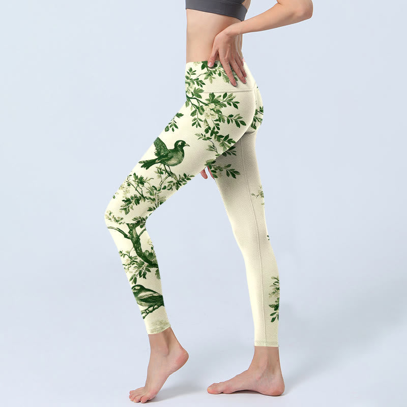 Nimara Ritual Fresh Tree Flower Leaf Bird Pattern Print Gym Leggings Women's Yoga Pants