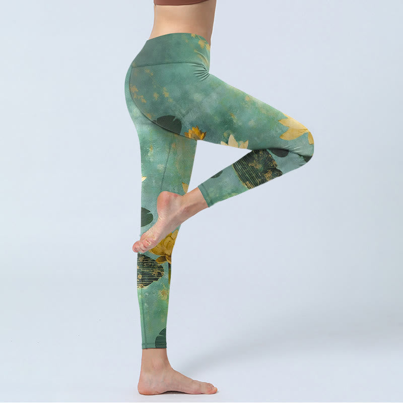 Nimara Ritual Classical Lotus Flower Leaf Pattern Print Gym Leggings Women's Yoga Pants
