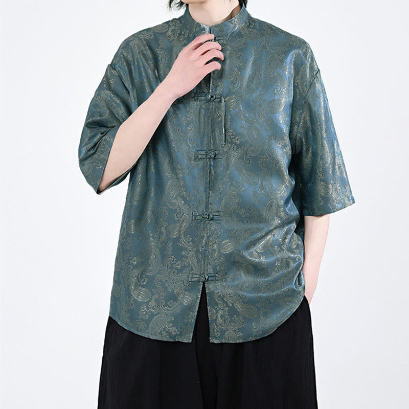 Nimara Ritual Summer Frog-Button Half Sleeve Vine Leaf Flower Pattern Men's Shirt