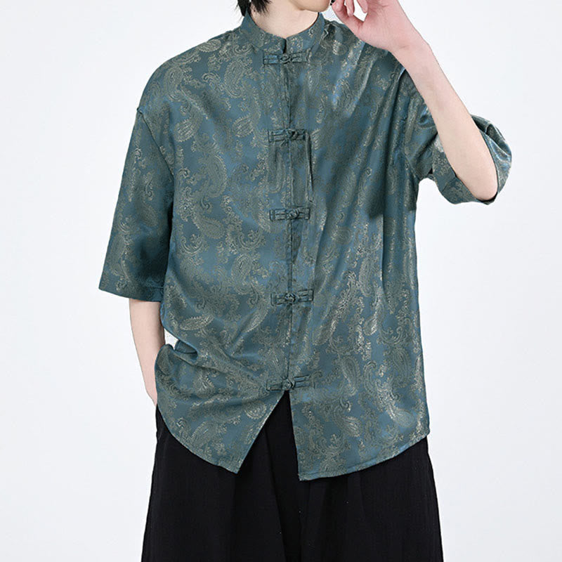 Nimara Ritual Summer Frog-Button Half Sleeve Vine Leaf Flower Pattern Men's Shirt