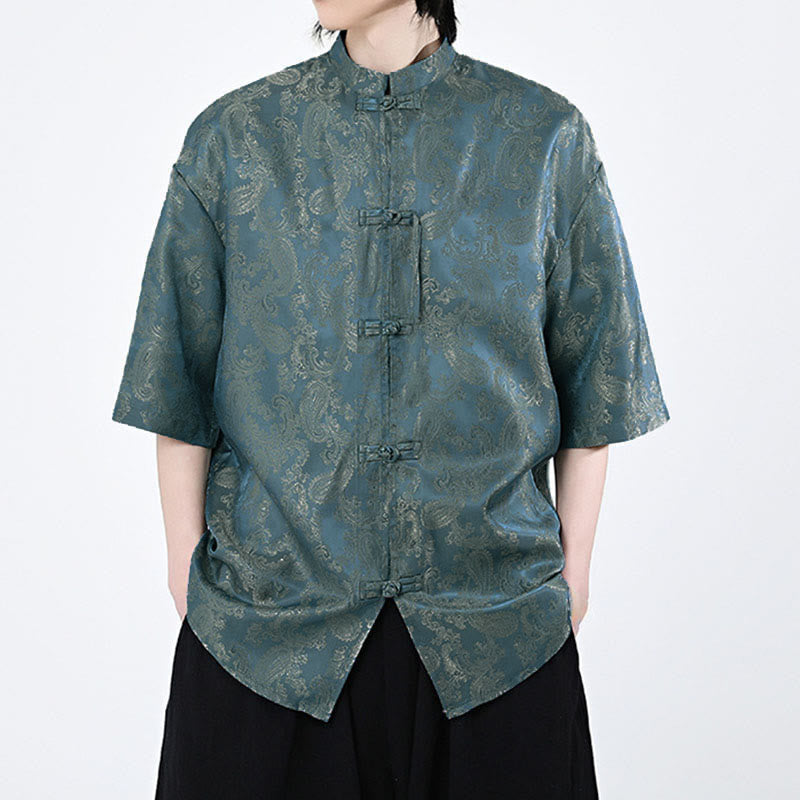 Nimara Ritual Summer Frog-Button Half Sleeve Vine Leaf Flower Pattern Men's Shirt