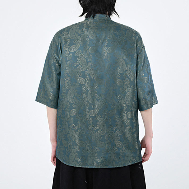 Nimara Ritual Summer Frog-Button Half Sleeve Vine Leaf Flower Pattern Men's Shirt