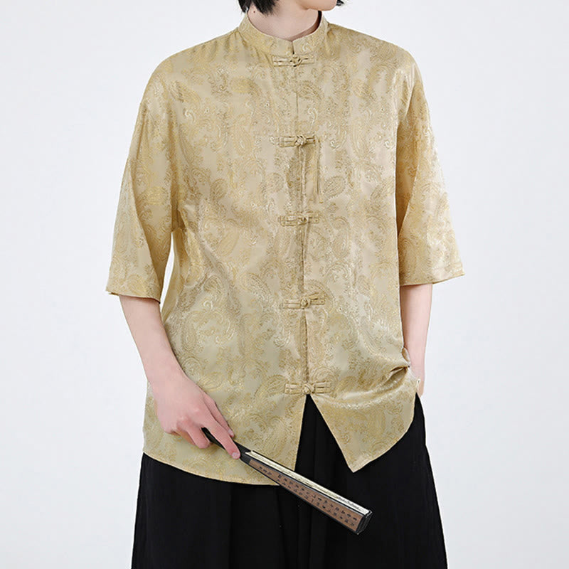 Nimara Ritual Summer Frog-Button Half Sleeve Vine Leaf Flower Pattern Men's Shirt