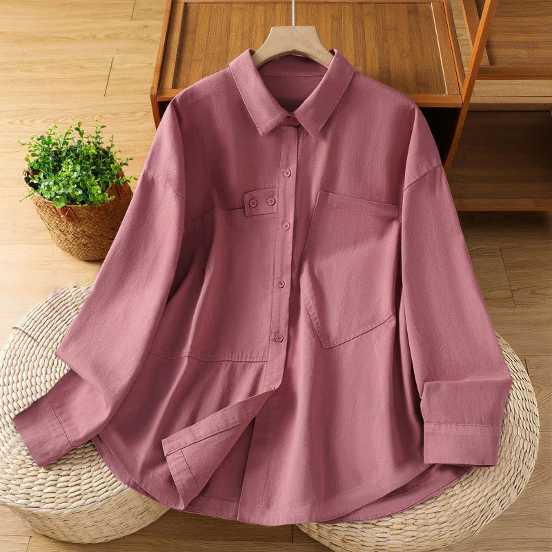 Nimara Ritual Spring Plain Lapel Long Sleeve Women's Cotton Shirt With Pockets