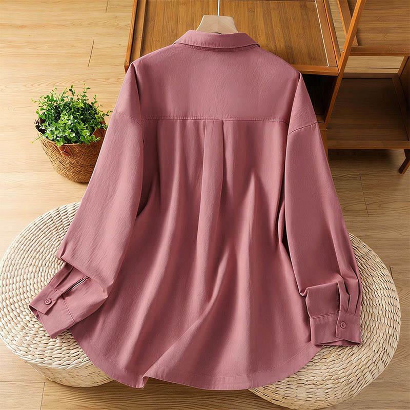 Nimara Ritual Spring Plain Lapel Long Sleeve Women's Cotton Shirt With Pockets