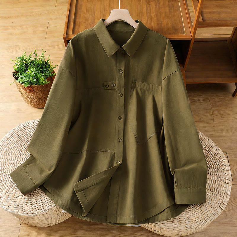 Nimara Ritual Spring Plain Lapel Long Sleeve Women's Cotton Shirt With Pockets