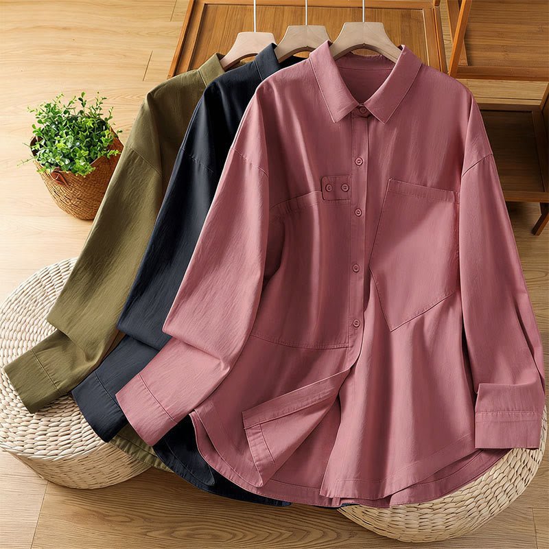 Nimara Ritual Spring Plain Lapel Long Sleeve Women's Cotton Shirt With Pockets