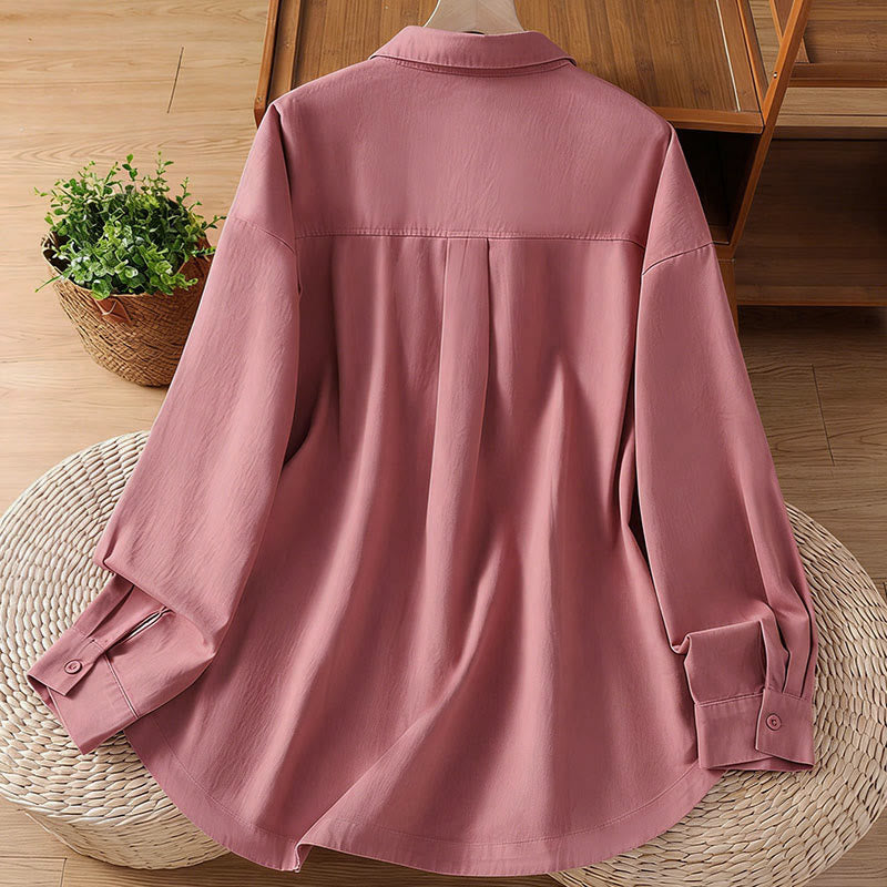 Nimara Ritual Spring Plain Lapel Long Sleeve Women's Cotton Shirt With Pockets