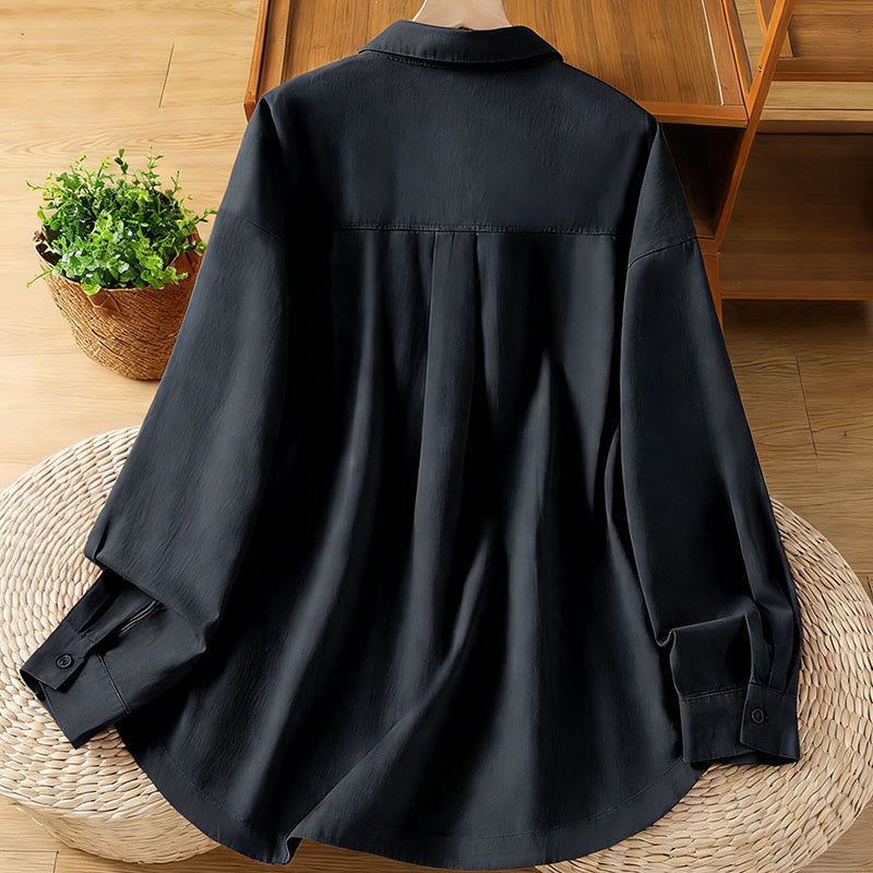 Nimara Ritual Spring Plain Lapel Long Sleeve Women's Cotton Shirt With Pockets