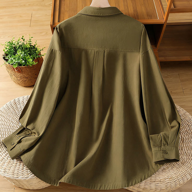 Nimara Ritual Spring Plain Lapel Long Sleeve Women's Cotton Shirt With Pockets
