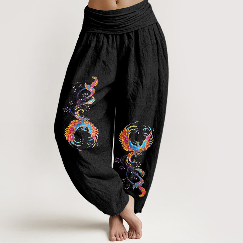 Nimara Ritual Pure Cotton Gorgeous Phoenix Pattern Women's Elastic Waist Harem Pants