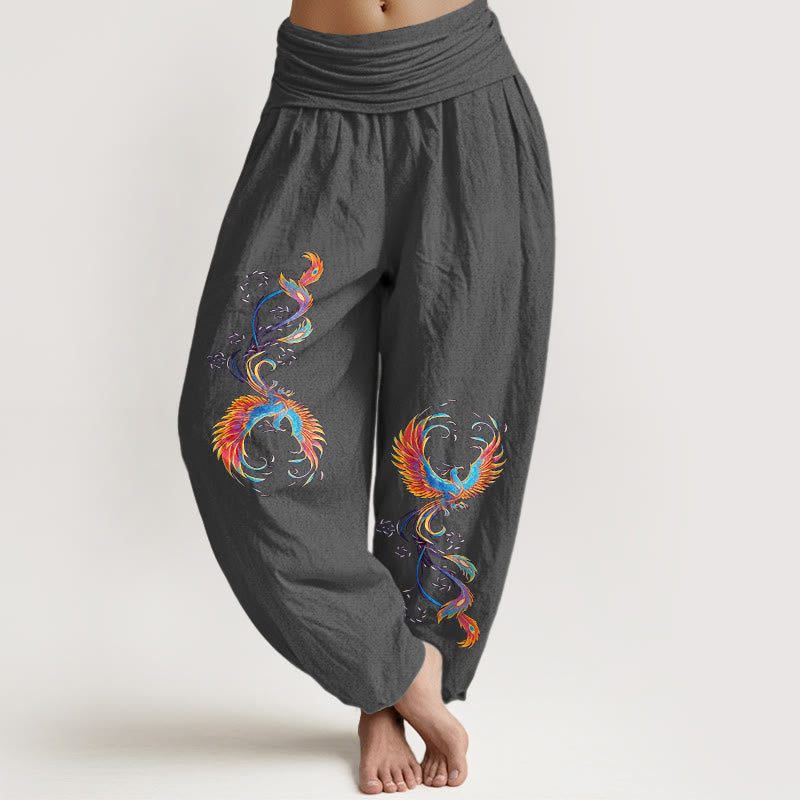 Nimara Ritual Pure Cotton Gorgeous Phoenix Pattern Women's Elastic Waist Harem Pants