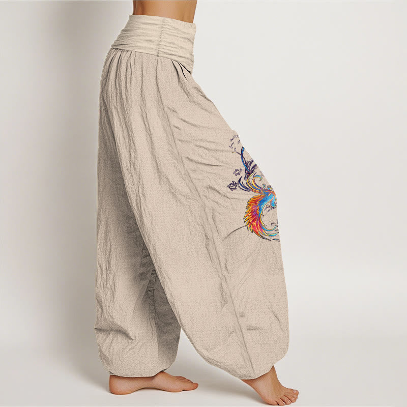 Nimara Ritual Pure Cotton Gorgeous Phoenix Pattern Women's Elastic Waist Harem Pants