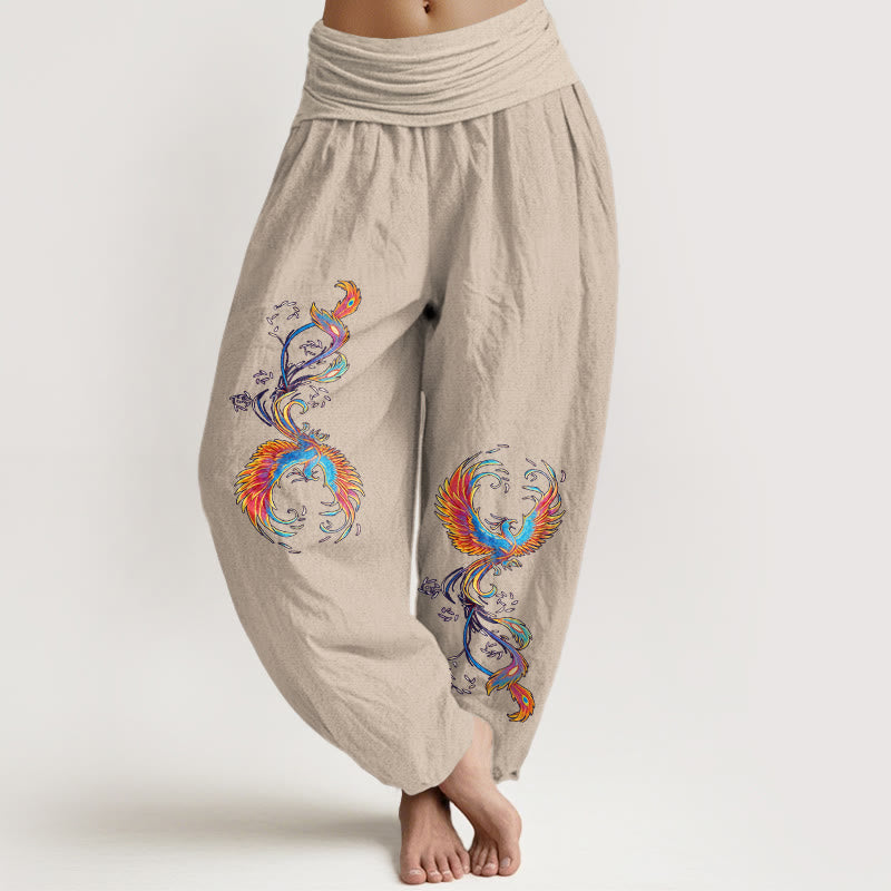 Nimara Ritual Pure Cotton Gorgeous Phoenix Pattern Women's Elastic Waist Harem Pants