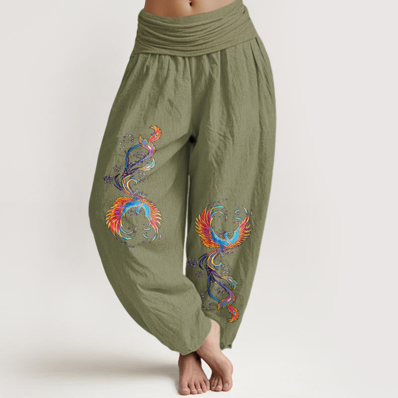 Nimara Ritual Pure Cotton Gorgeous Phoenix Pattern Women's Elastic Waist Harem Pants