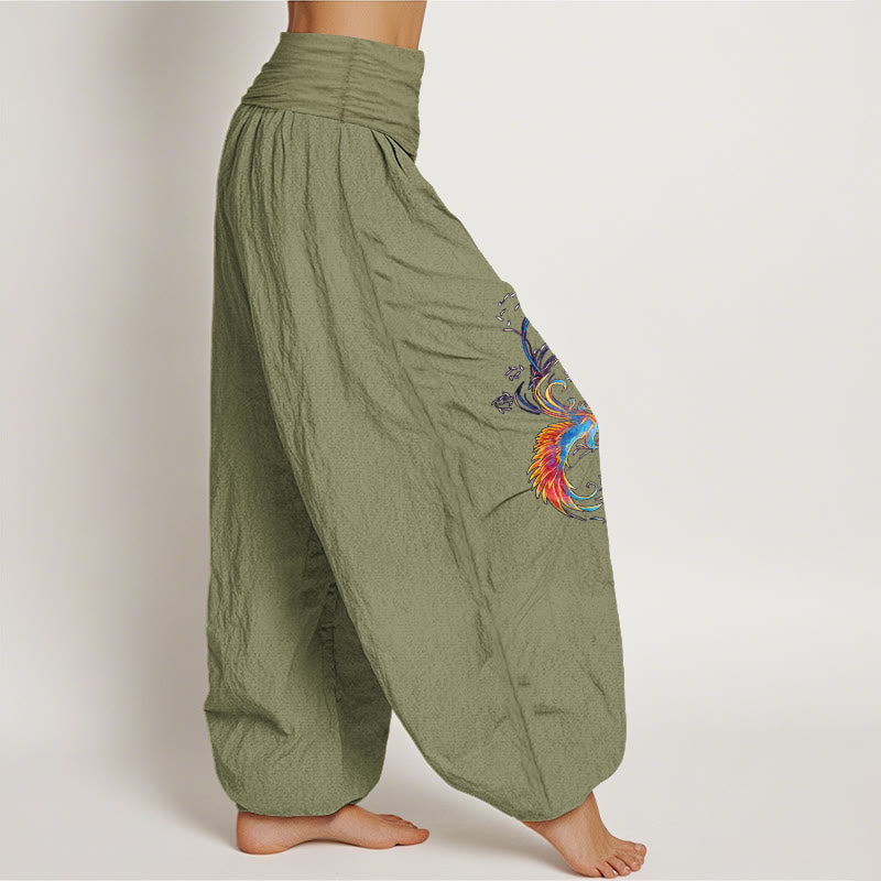 Nimara Ritual Pure Cotton Gorgeous Phoenix Pattern Women's Elastic Waist Harem Pants