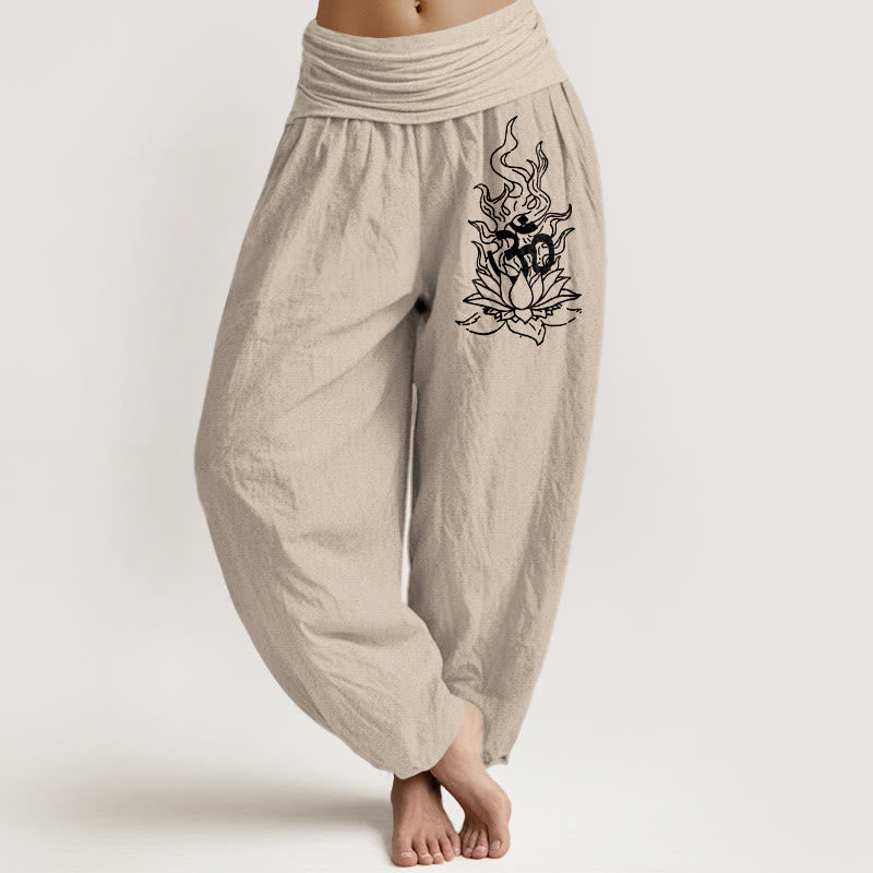 Nimara Ritual Pure Cotton Minimalist Design Om Symbol Lotus Flame Pattern Women's Elastic Waist Harem Pants