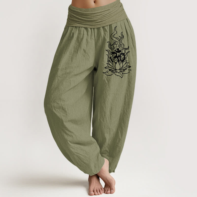 Nimara Ritual Pure Cotton Minimalist Design Om Symbol Lotus Flame Pattern Women's Elastic Waist Harem Pants