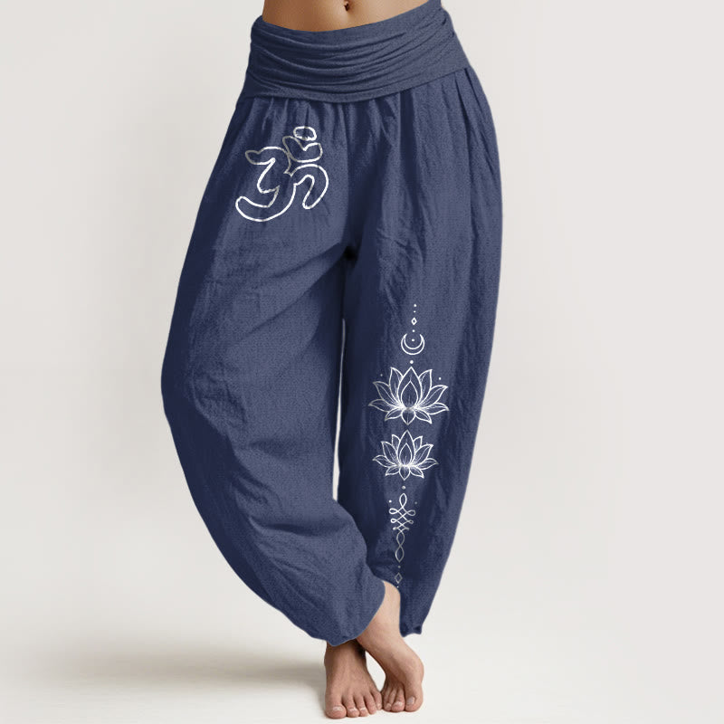 Nimara Ritual Pure Cotton Minimalist Design Om Symbol Lotus Moon Pattern Women's Elastic Waist Harem Pants
