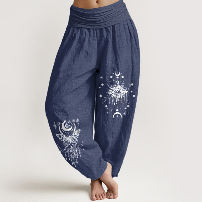 Nimara Ritual Pure Cotton Minimalist Design Eye Moon Butterfly Pattern Women's Elastic Waist Harem Pants