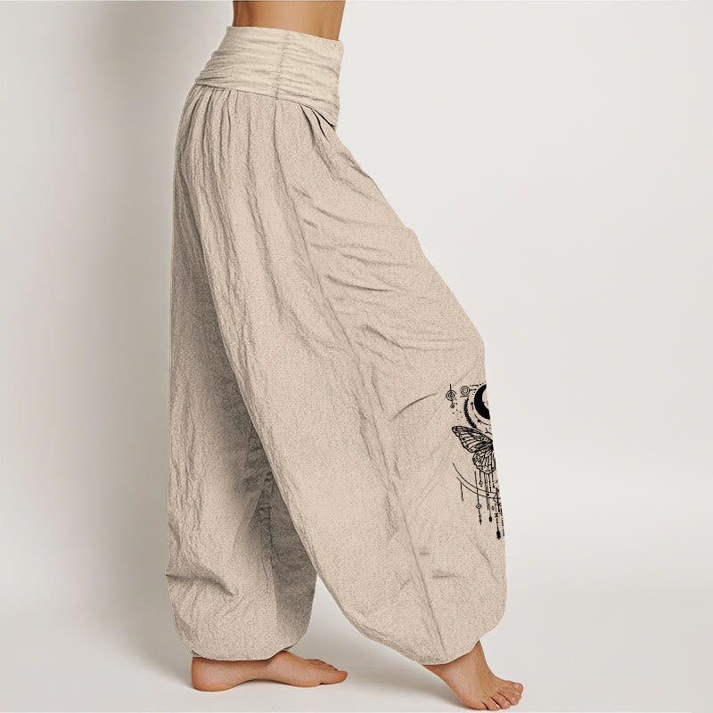 Nimara Ritual Pure Cotton Minimalist Design Eye Moon Butterfly Pattern Women's Elastic Waist Harem Pants