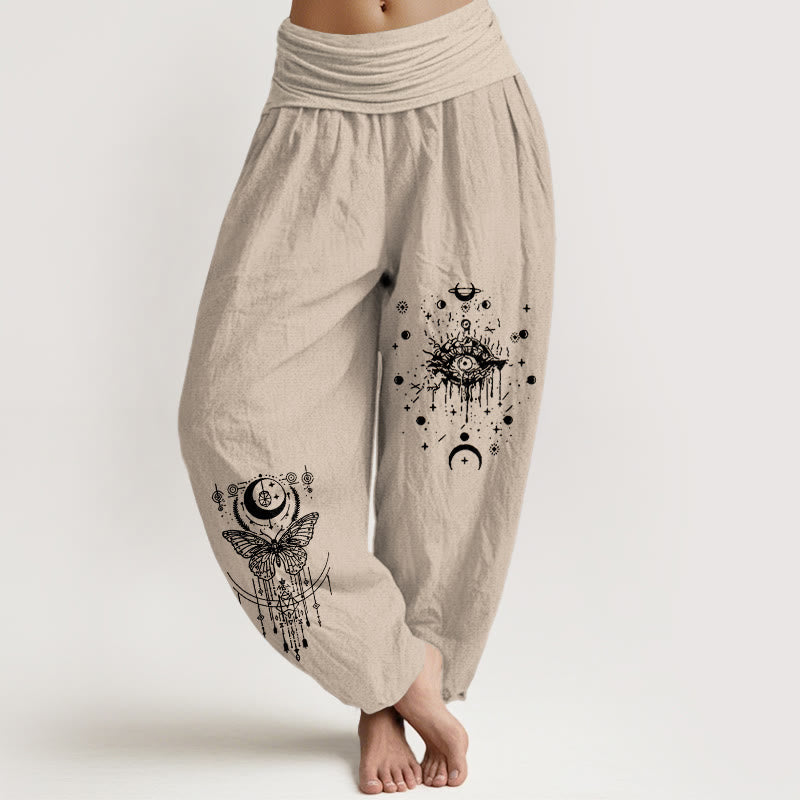Nimara Ritual Pure Cotton Minimalist Design Eye Moon Butterfly Pattern Women's Elastic Waist Harem Pants