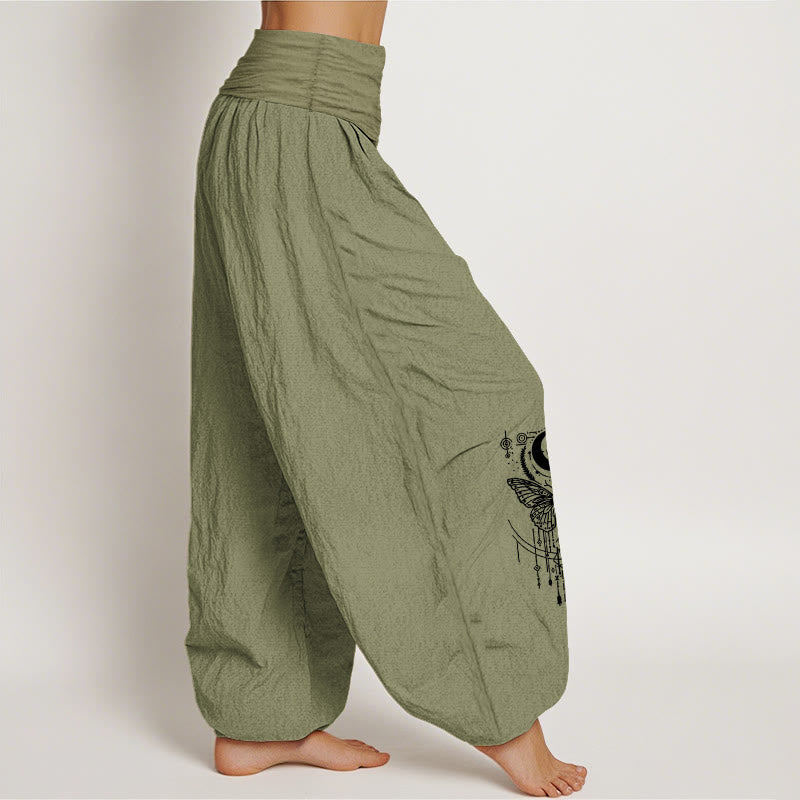 Nimara Ritual Pure Cotton Minimalist Design Eye Moon Butterfly Pattern Women's Elastic Waist Harem Pants