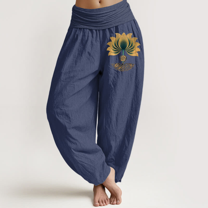Nimara Ritual Pure Cotton Harmonious Color Scheme Lotus Pattern Women's Elastic Waist Harem Pants