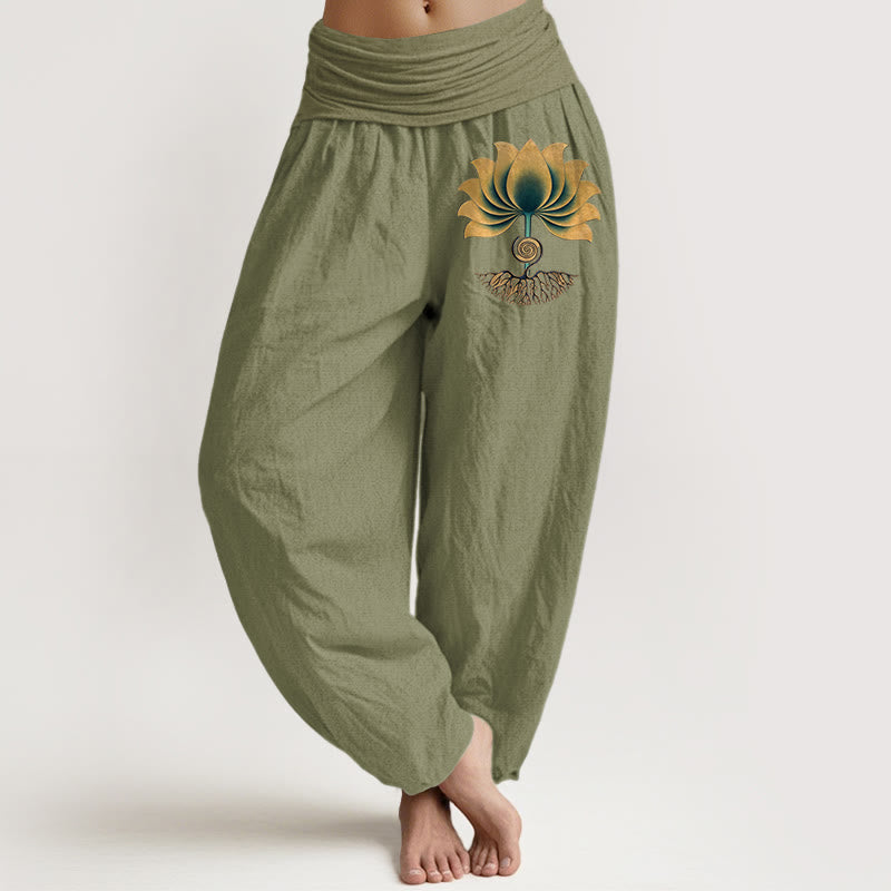 Nimara Ritual Pure Cotton Harmonious Color Scheme Lotus Pattern Women's Elastic Waist Harem Pants