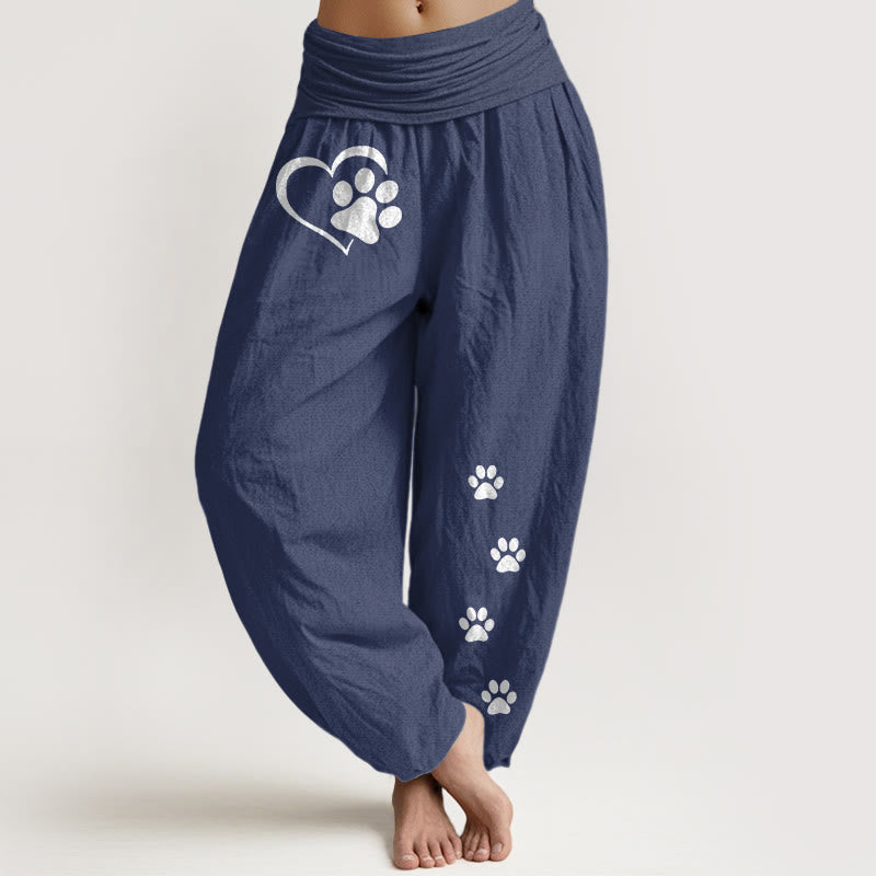 Nimara Ritual Pure Cotton Concise Cat Paw Prints Heart-Shaped Pattern Women's Elastic Waist Harem Pants